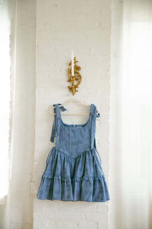 Hand Dyed Toile Diana Mini Dress - Bluebell